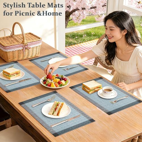 Bloss Blue Grey Boho Placemats Set of 4-12x18Inch Washable Table Mats