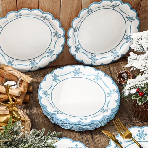 JarThenaAMCS 50 Pcs Winter Paper Plates Christmas Snowflake Scalloped Disposable Plate Blue Decorative Tableware for Xmas Holiday Party Decor Supplies, 9 In
