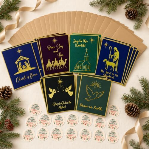Religious Christmas Cards, 18 Folded 5x7 Glitter Cards with Envelopes