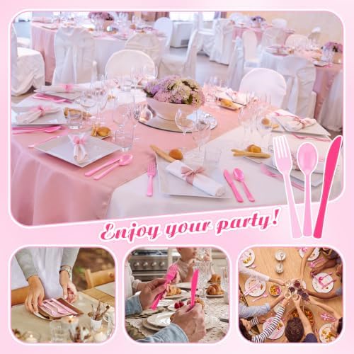 Minatee 180 Pcs Gradient Pink Plastic Silverware Heavy Duty Cutlery Sets Disposable Utensils for Holiday Birthday Themed Party Supplies, 60 of Each Forks Knives Spoons