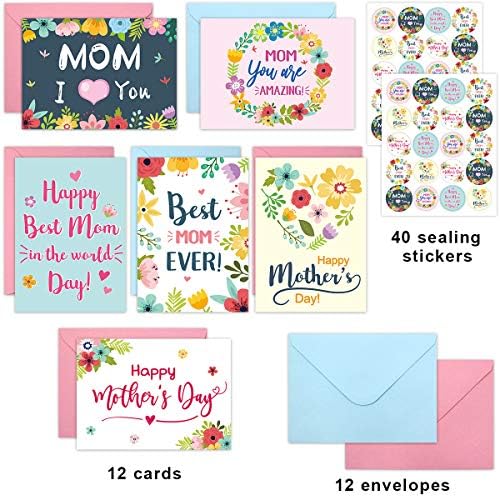 ceiba tree Mothers Day Cards Bulk 12pcs Floral Happy Mother’s Day Blank Notecards Flower Greeting Card with Envelopes for Mom Grandmom Gift