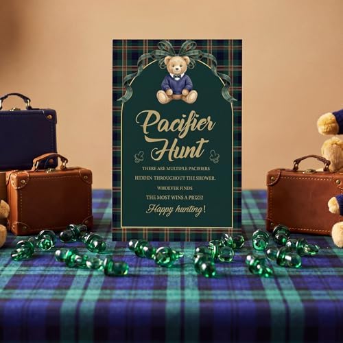 Thyle 51 Pcs Blue Green Tartan Plaid Baby Shower Games We Can Bearly Wait Pacifier Hunt Include Hunt Sign and 50 Acrylic Pacifiers for Baby Shower Game Decoration Gift Sets Gender Reveal Party Decor