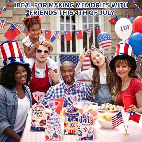 QOIUSO 50 Pcs 4th of July Cellophane Treat Bags - Patriotic Candy Goodie Bags with Gold Twist Ties - Clear Independence Day Party Favor Bags for Cookies, Snacks, Gift Packaging Supplies