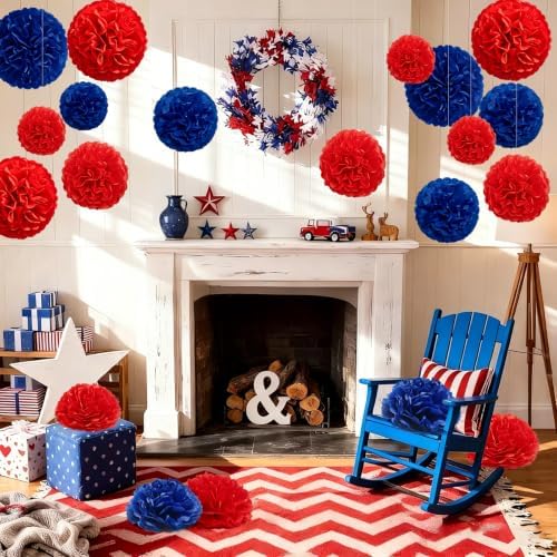 Recosis Red Blue Party Decorations, 18 Pcs Paper Pom Poms Decorations