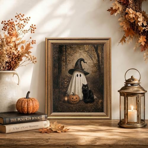 Wemandh Vintage Halloween Wall Art, Gold Framed Cute Ghost and Black Cat Canvas Print, Dark Academia Spooky Room Decor, Witch Hat Pumpkin Fall Picture for Gothic Home Office (9.5'' x 12'')
