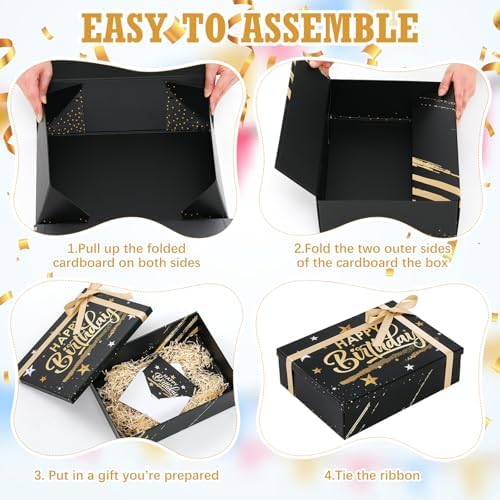 Ctosree Black Happy Birthday Gift Box with Lid for Presents, 13.5 x 10 x 4 Inch Gold Black Large Luxury Star Foldable Cardboard Box for Gift Packing, Contains Card, Envelope, Ribbon, Raffia Grass