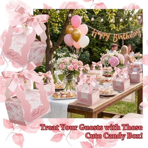 ForraFun 50 Sets Floral Wedding Favor Boxes with Pearl Pendant Bow, Pink