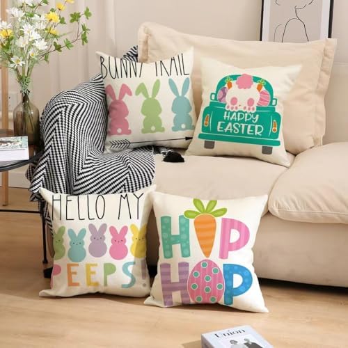 Hongsome Easter Decor-Throw Pillow Covers 20x20in Set of 4,Spring Linen Pillow Case with Bunny and Egg for Large Couch Sofa Home Indoor Outdoor Holiday Home Decorations