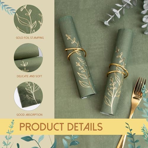 Olive Green Napkins 2- Ply Disposable Dinner Paper Napkin 100 Pcs Gold Foil Leaves Cocktail Napkins for Christmas Dinner Picnic Birthday Wedding Party