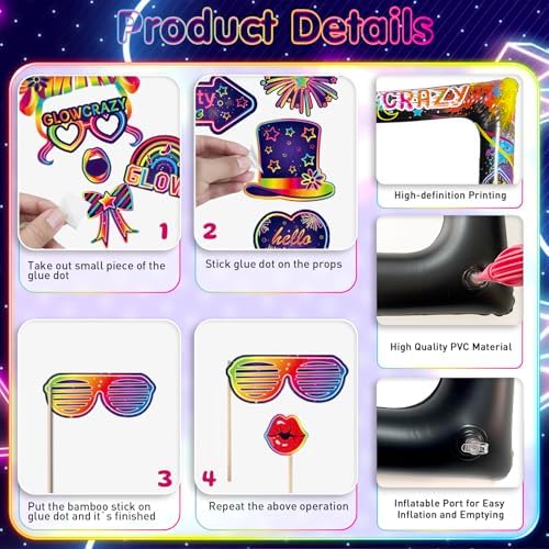 Glow Neon Inflatable Photo Frame & Props, 30Pcs Neon Photo Booth Props with Let's Glow Crazy Inflatable Selfie Picture Frame for Neons Disco Black Light Party Supplies