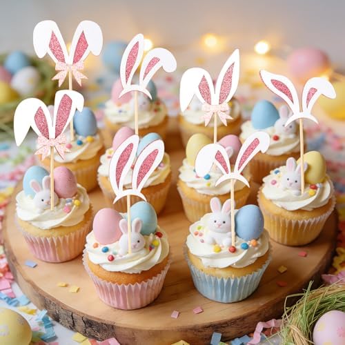 Easter Cupcake Toppers, 24 Pcs Easter Bunny Ear Cupcake Toppers, Glitter Pink Rabbit Ears Cupcake Picks Topper Easter Bunny Rabbit Cake Decorations for Easter Girls Birthday Party Decorations Supplies