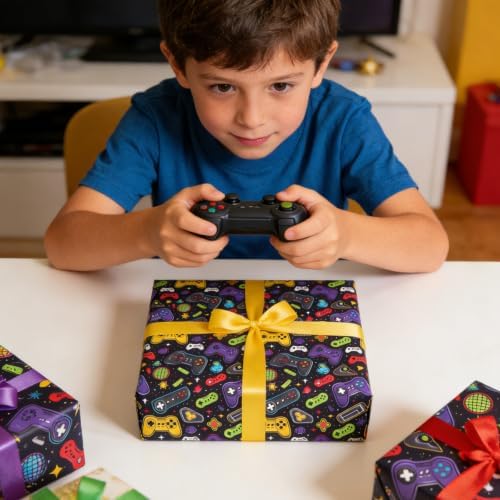 Cuitpan Gaming Wrapping Paper - 4 Jumbo Sheets, 28 * 40 Inches, Video Game Console and Black Starry Sky Design, for Boys Birthday, Gaming Party & Holiday Gifts