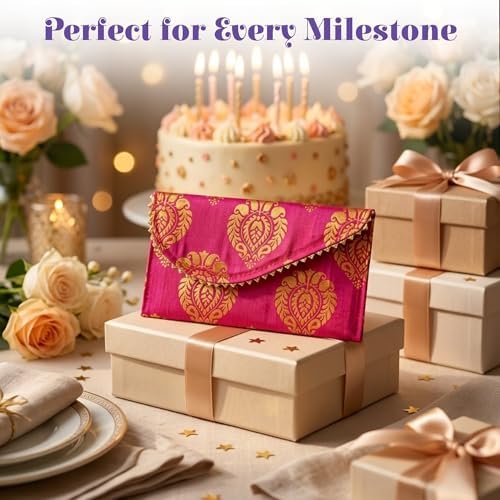 LoveNspire Brocade Fabric Money Envelopes (8 x 4 Inch) Decorative Floral Pattern Shagun Lifafa for Indian Wedding, Birthday | Cash Gift Holder & Home Savings Organizer Red/Pack of 10