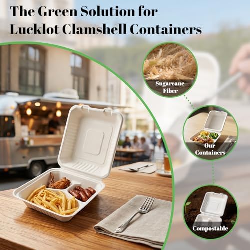 Lucklot 50 Pack 8×9 Inch 3-Compartment Compostable Bagasse Food Containers