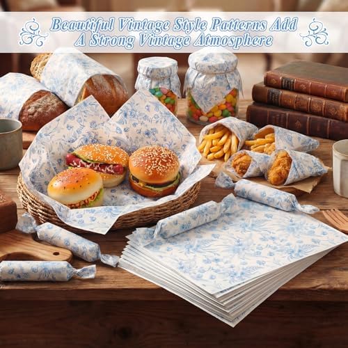 AmazingSpark 150 Pcs Deli Wax Paper Sheets for Food 8 x 10 Inch Greaseproof Waterproof Sandwich Wrapping Paper Basket Liner for Outdoor Picnic Beach Wedding Birthday Baby Shower (Blue Flowers)