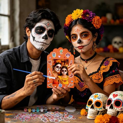 Fovths 24 Packs Dia De Los Muertos Picture Frame Painting Craft Kit with Stickers Wooden Day of the Dead Altar Decorations Remembrance Supplies Sugar Skull Marigold Ofrenda Decorations