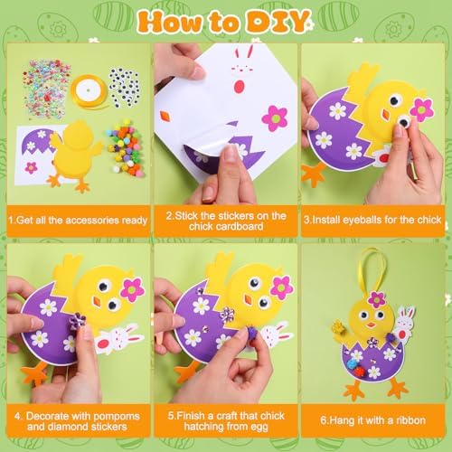 Funrous 48 Sets Crafts Kit Paper Crafts DIY Make Your Own Hanging Ornaments with Pompoms Diamond Stickers for Holiday Classroom Activities Party Favors, Easter Chick