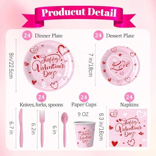 168 Pcs Valentine's Day Tableware Set - Serves 24, Heart & Love-Themed Disposable Paper Plates, Cups, Napkins, Forks, Spoons, Knives for Valentines Day Party, Wedding,Bridal Shower,Holiday Gatherings