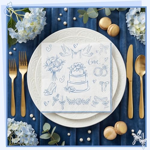 NatNarr 100 Pk Wedding Napkins, 5" Blue White Bridal Shower Napkins