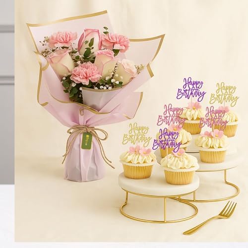24 PCS Happy Birthday Cupcake Toppers Glitter Happy Birthday Cupcake Picks for Celebrating Anniversary Theme Party Cake Decorations Supplies Gold Purple Pink