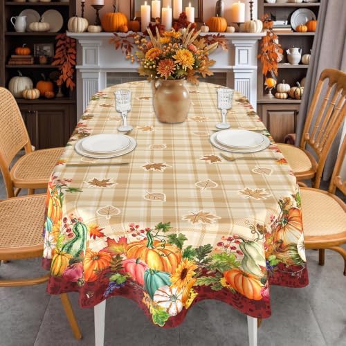 Fall Plaid Oval Tablecloth 60 x 120 Inch, Stain Resistant Washable Fabric Autumn Harvest Pumpkin Table Cloth Oval Fall Tablecloth Table Cover for Kitchen Dining Party