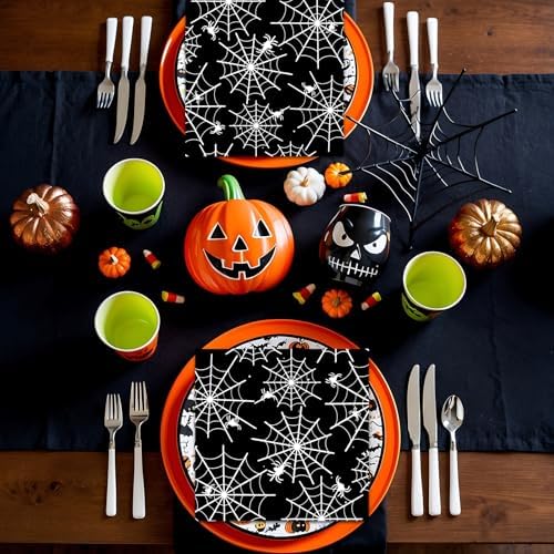 60 Pack Halloween Spider Web Paper Napkins – 13 x 13 Inch 2-Ply Disposable Black and White Spider Web Napkins for Halloween Party, Haunted House and Spooky Table Decorations