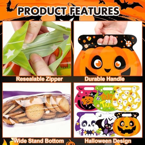 FOIMAS Halloween Treat Bags, 48pcs Plastic Candy Bags Zipper Seal Bags Resealable Pumpkin Bat Ghost Goodie Bags with Handles for Trick or Treat Halloween Party Supply Decor Home Classroom