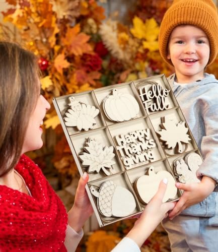 WOHOHOHO 42PCS 9 Styles Fall Unfinished Paintable Blank Wooden with Tray