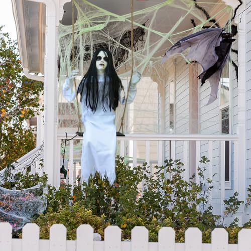 PARTYGEARS Halloween Decorations Props Hanging Swinging Girl with Creepy Expressions, Hanging Ghosts The Best Indoor and Outdoor Scary Decorations for Halloween(White)