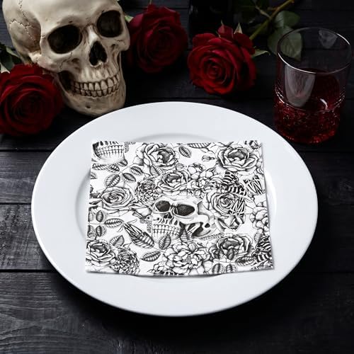 WRAPAHOLIC 50Pcs Halloween Cocktail Napkins - 3-Ply Black Gothic Skull Disposable Paper Napkins for Halloween, Birthday, Party - 5 x 5 In