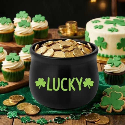 St Patrick’s Day Candy Dish Cauldron - Pot O’ Gold Mini Ceramic Bowl Snack Serving Tiered Tray Decoration (Green Lucky)