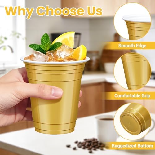100 Pcs Gold and Black Plastic Cups, 12 oz Disposable Cups