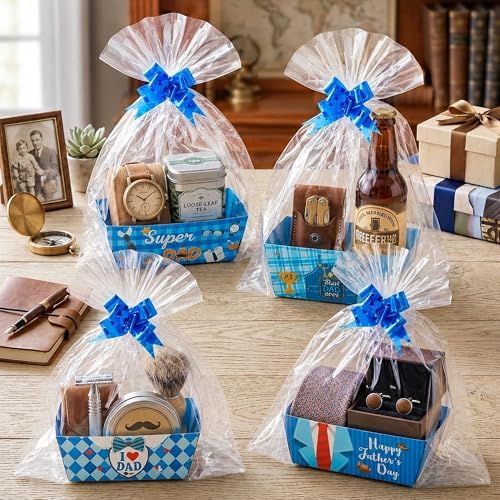 OSNIE Dad Empty Gift Baskets for Father's Day - 24 Sets Happy Father’s Day Blue Basket Bulkor Gifts Empty with Cellophane Basket Bags Ribbons Bows, Dad Theme Party Favors for Anniversary Birthday