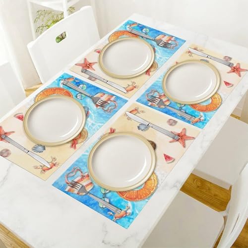 Summer Beach Placemats Set of 6, 12x18 Inch Seasonal Summer Coastal Wave Tropical Floral Starfish Seashell Ocean Theme Holiday Coffee Table Mats for Party Kitchen Dining Decoration