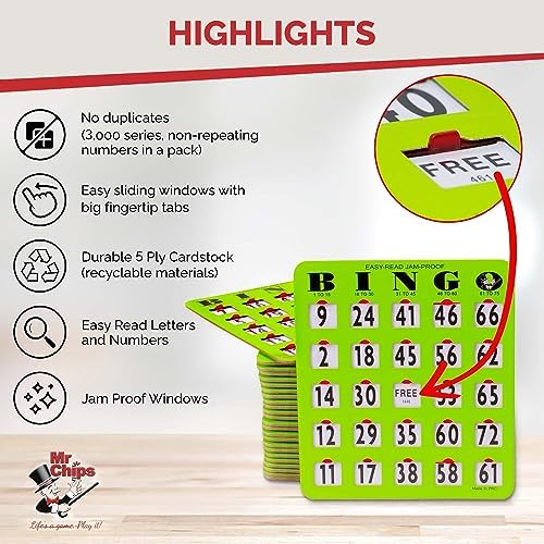 MR CHIPS Complete Bingo Game Set with Jam-Proof Shutter Cards – Easy Read Green Edition – 25 Reusable Large Print Bingo Cards with Sliding Windows, Master Board & Calling Cards – No Chips Needed