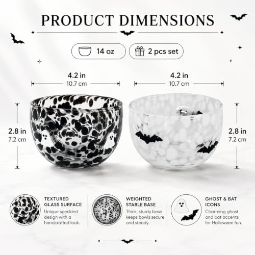 AnyDesign 2Pcs Halloween Icon Candy Bowls 14 Oz Black White Ghost Bat Serving Bowl Trick or Treat Glass Dishes Candy Servers Table Decor for Gifts Snacks Cookies Dessert Party Supplies