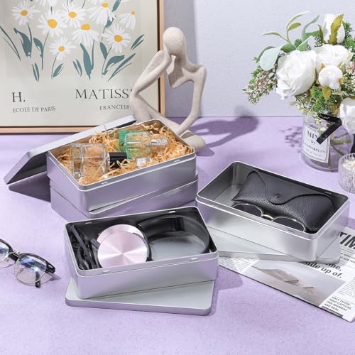 Hotop 8.5 x 5.3 x 1.9 Inch Metal Tins with Lid Storage Box, Silver, 4 Pack