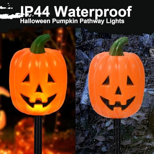 BRIGHTDECK Halloween Solar Pathway Lights Outdoor, LED Decor, Light Up Solar Stake Lights for Holiday, Halloween, Walkway, Sidewalk (Long Pumpkin, 20-Pack)
