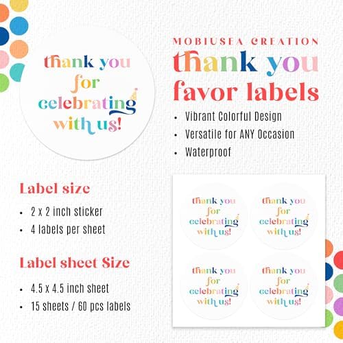 Mobiusea Creation Vibrant Colorful Design Thank You Labels 2 inch 60pcs