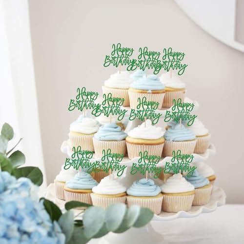 24 PCS Happy Birthday Cupcake Toppers Glitter Happy Birthday Cupcake Picks for Celebrating Anniversary Theme Party Cake Decorations Supplies Green
