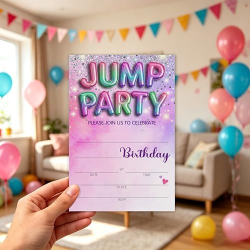 Jump Birthday Invitation Girl, Silver Glitter Rainbow Double-Sided Fill In Style Invites with Envelopes for Birthday, Trampoline Jump Party Invitation For Girls, Teens, Bday Party Favor & Decoration