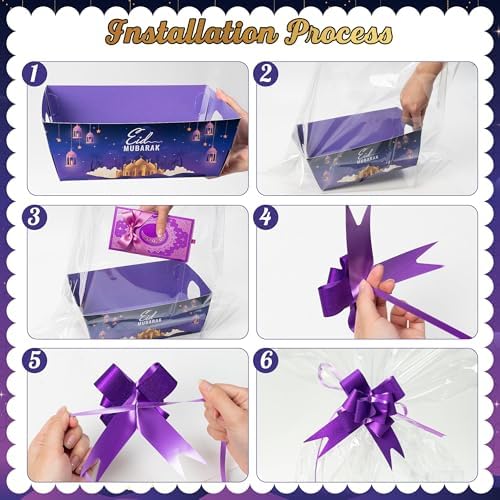 OSNIE Eid Mubarak Gift Bag Empty Baskets - 24 Sets Islamic Eid Gold Lantern and Moon Party Gift Baskets Empty with Cellophane Bags and Ribbons Bows for Festivals Holiday Business Carnival (4 Styles)