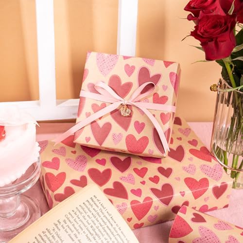 RUSPEPA Kraft Valentine’s Day Wrapping Paper Roll, Mini Roll, Red and Pink Heart Design, Romantic Gift Wrap Paper for Valentine's Day, Wedding, Anniversary, Birthday, 17 Inches x 16.4 Feet