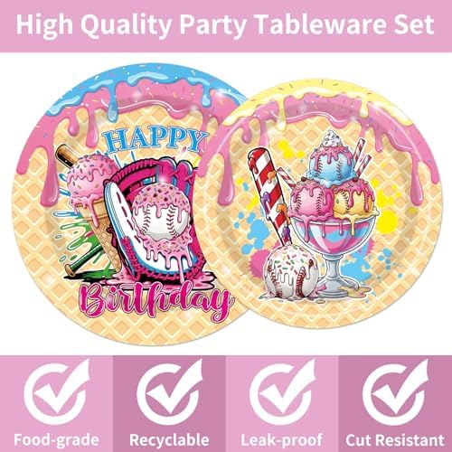 EUOYUFO 96Pcs Ice Cream Party Decorations Tableware Set Ice Cream Baseball Drip Happy Birthday Paper Plates Napkins Forks Baseball Sport Team Theme Bday Party Supplies Serve 24 Guests