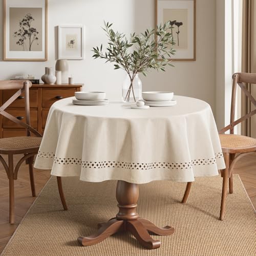 MIULEE Beige 60 Inch Round Linen Tablecloth with Decorative Cutouts