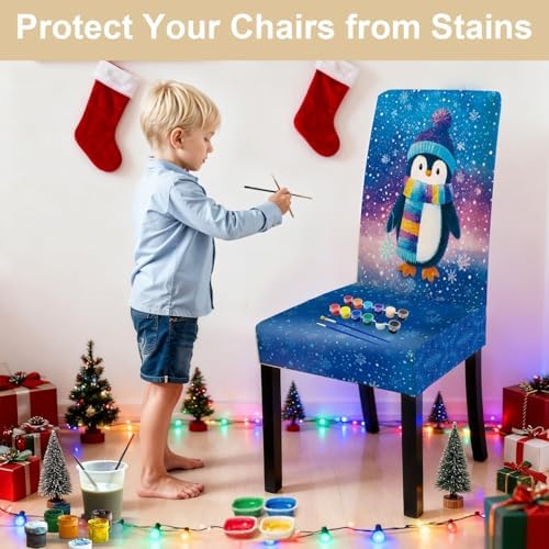 Penguin Chair Covers Set of 4, Stretchable Winter Themed Dining Chair Slipcovers with Snowflakes for Christmas Holiday Decor