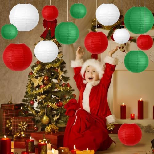 14 Pcs Red Green White Paper Lanterns, 6-10 Inch Hanging Party Decor Set