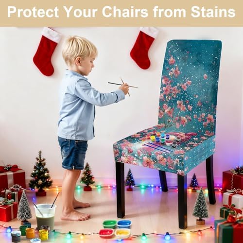 Snowman Chair Covers Set of 4, Stretchable Dining Chair Slipcovers with Pink Cherry Blossoms for Christmas Holiday Décor