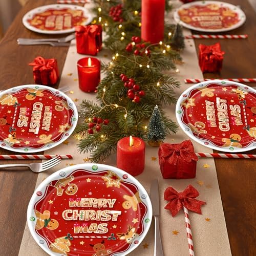 50 Count Christmas Paper Plates 9 Inch Dessert Plates Disposable Tableware Gingerbread Appetizer Plates for Cookie Dinner Brunch Merry Christmas Gender Reveal Party Decorations Supplies