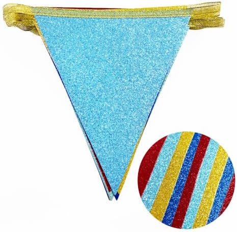 30Ft Carnival Circus Party Decorations Glitter Red Blue Yellow Pennant Banner Flag Triangle Bunting Garland Streamers for Carnival Birthday Circus Clown Graduation Dog Paw Party Decor Supplies